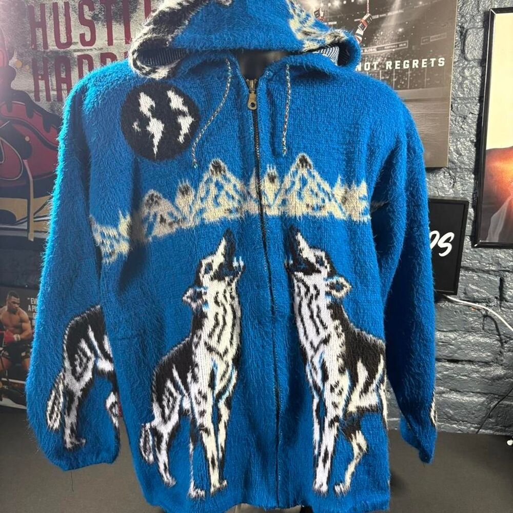 Yarina Vintage Wool Wolf Pack Hooded Sweater Jacket – Blue – Size L